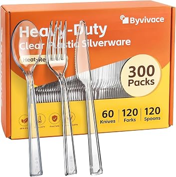 Byvivace [300 Count] Clear Plastic Silverware Set, Heavy Duty Plastic Utensils 120 Spoons & 120 Forks & 60 Knives, BPA-Free, Heat Resistant, Disposable Cutlery Set for Party Wedding Supply