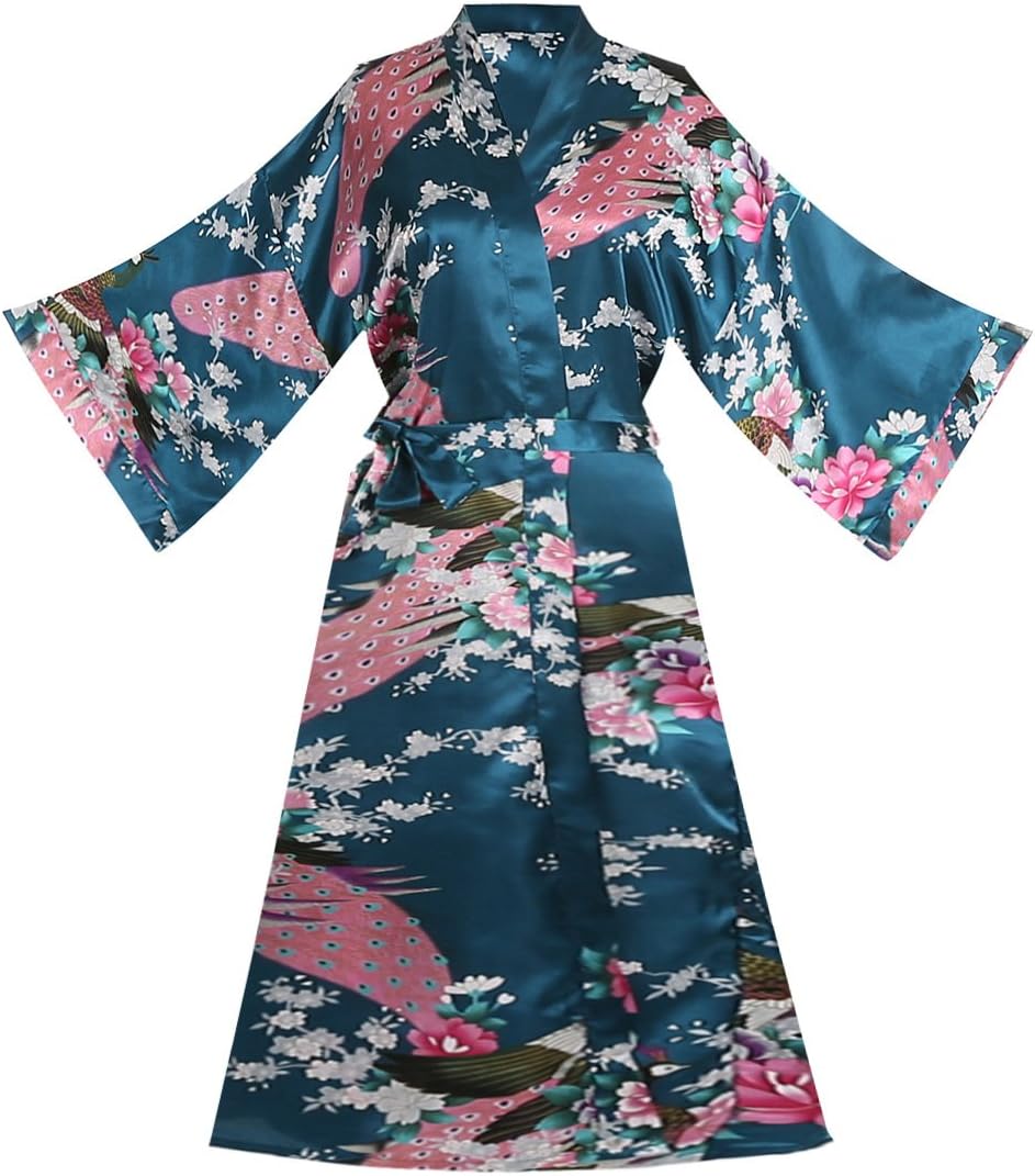 ELLENWELL Women Kimono Robe Silk Pajamas Loungewear Peacock Satin Nightwear