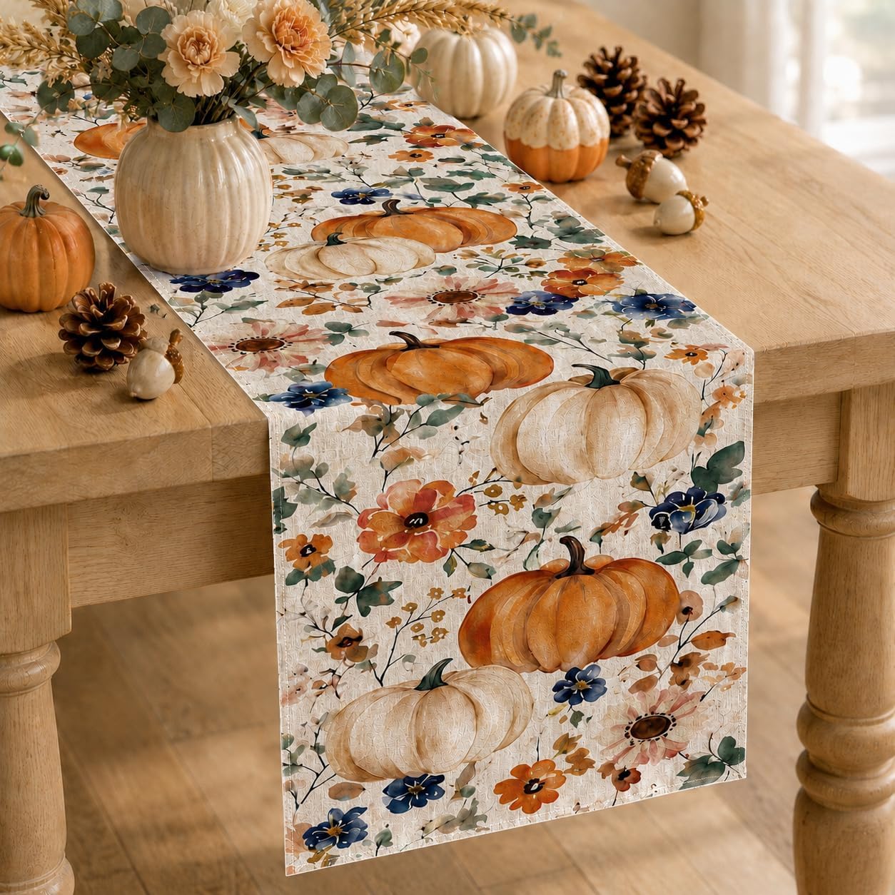 Fall Table Runner 90 inches Long with Watercolor Pumpkin Floral
