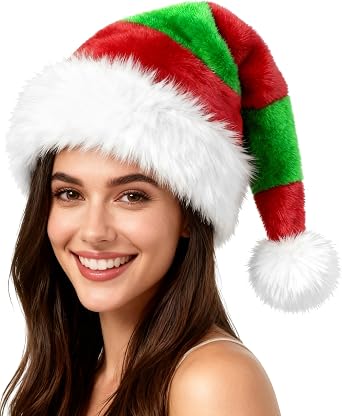 Christmas Elf Hat Adults, Red And Green Elf Sant Hat for Unisex Adults Christmas New Year Festive Holiday Party Supplies