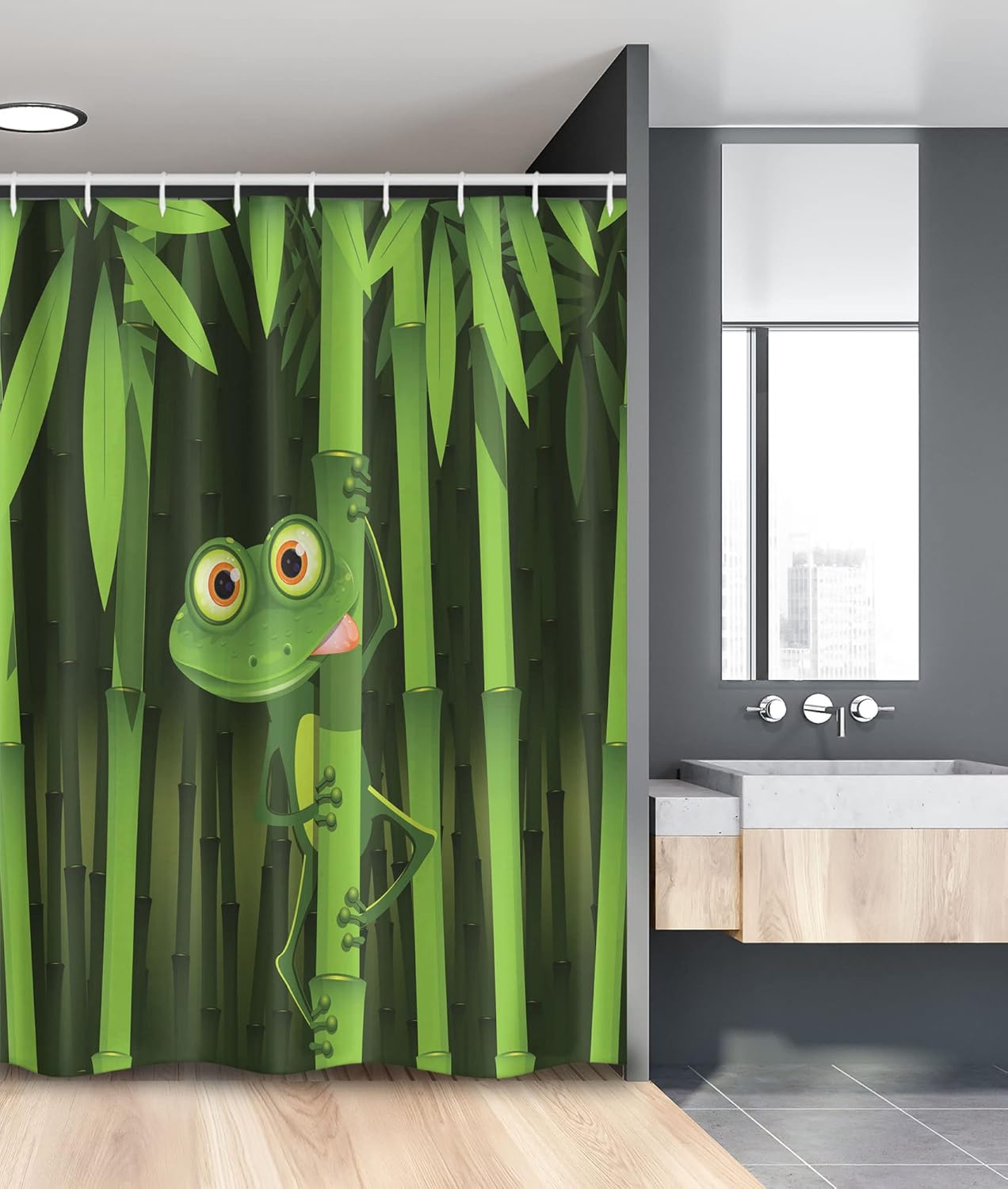 Ambesonne Animal Stall Shower Curtain, Funny Illustration of a Friendly Fun Frog Character on Jungle Trees Nature Forest Cartoon, Fabric Bathroom Decor Set with Hooks, 54" W x 78" L, Green
