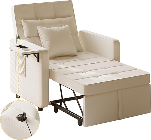 Vista 31 de Vabches Sofá cama 3 en 1 con mesa de ala y puertos USB, silla de terciopelo con respaldo ajustable, fácil montaje, azul