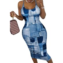 Women's Sleeveless O Neck Fake Denim Printed Cut Off Holes Bodycon Sexy Nightclub Party Dress