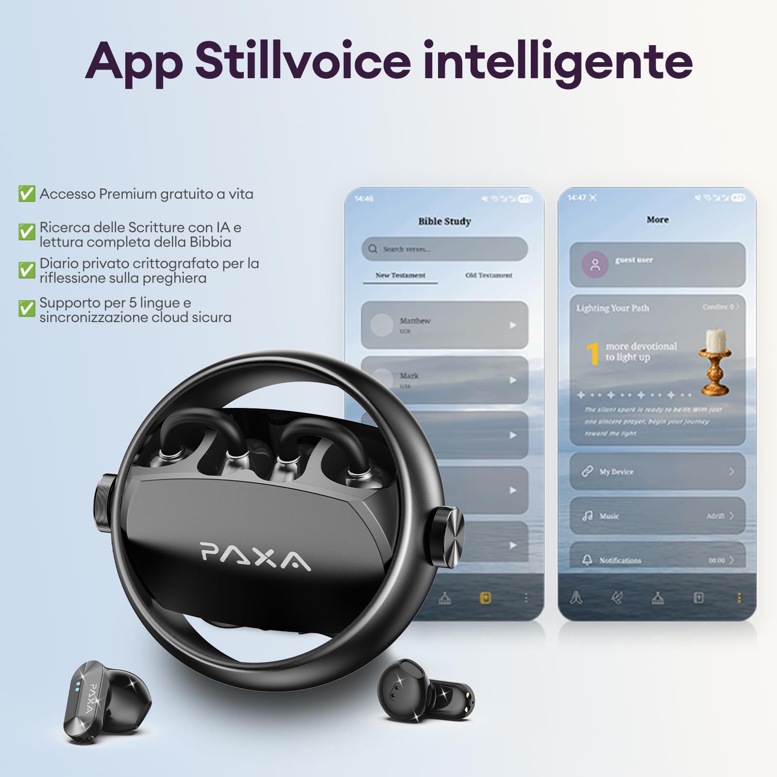 PAXA Auricolari Bluetooth Open Ear Clip-On 2 in 1 con App StillVoice, Bluetooth 6.0, 50 Ore di Autonomia, Riduzione Ibrida del Rumore, Sync Automatico L/R, Nero
