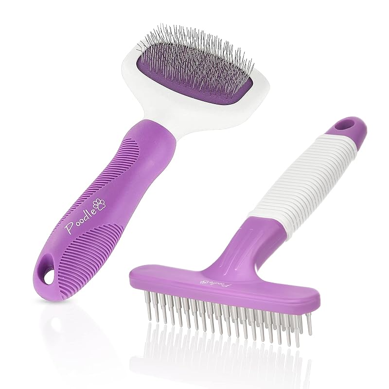 Kit de Escovas para Cães POODLIE com Rasqueadeira e Rake para Subpelo, Desembaraço de Pelos