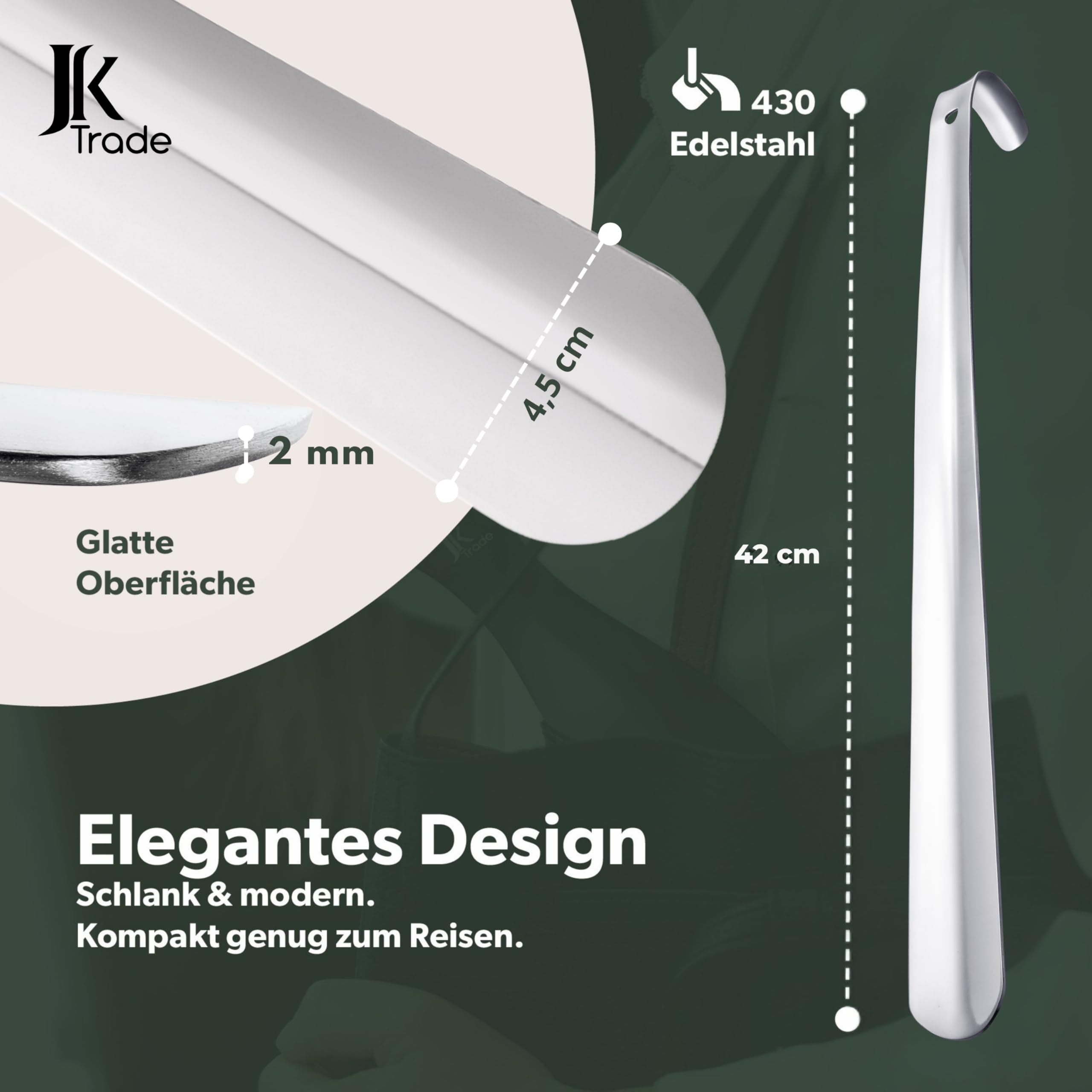 JK Trade® 42cm STABILER Edelstahl Schuhlöffel Lang | 2mm polierter Metall Schuhanzieher Lang zum Stehen | Schnell & Einfach | optimierte Länge & Breite | Shoe Horn | Aufhängbar