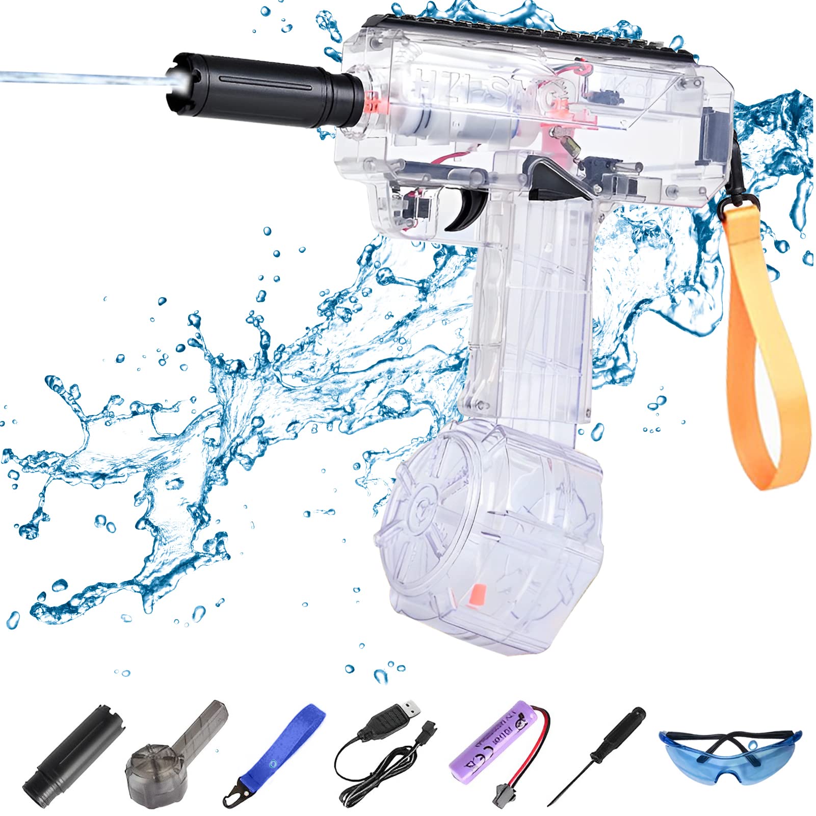 Pistola de agua eléctrica para niños adultos – Pistola de agua Uzi – 2023 juguetes acuáticos de verano – Alcance hasta 32 pies – Super One Button Automatic Squirt Guns (transparente)