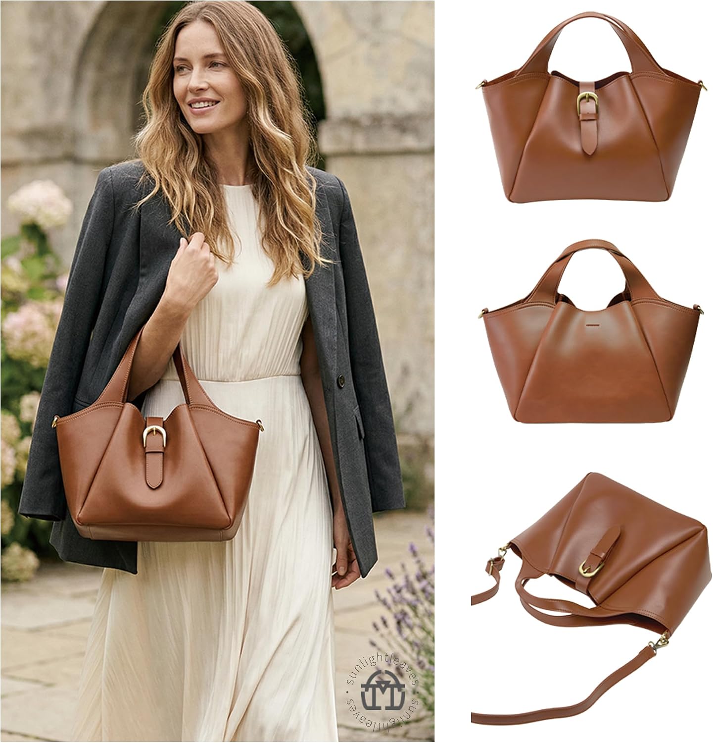 SUNLIGHT LEAVES Elegant Vegan Leather Tote Bag for Women Vintage Handle Handbag