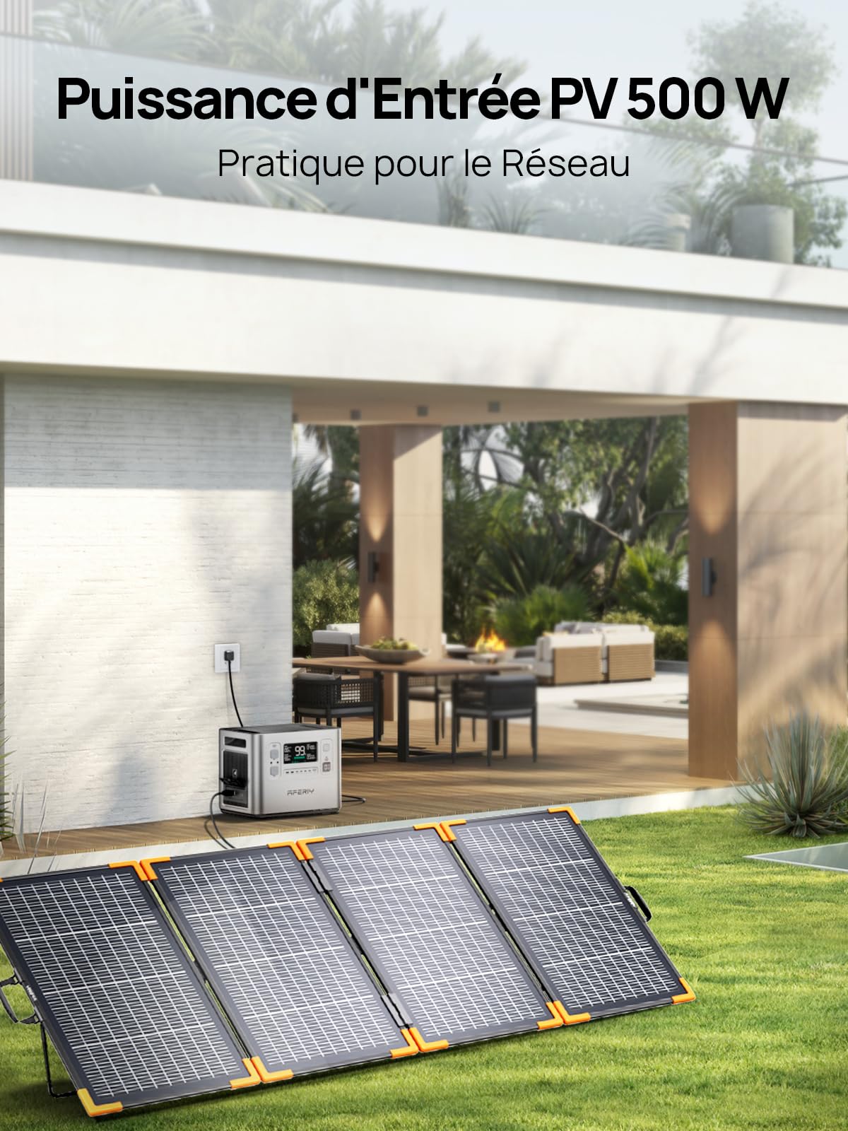 AFERIY 2400W 2048Wh Générateur Électrique Solaire avec 2x200W Panneau Solaire Pliable à Cadre en Aluminium, UPS, BMS, Station Électrique Portable pour Camping-Car/Hors Réseau/Panne de Courant, Argent