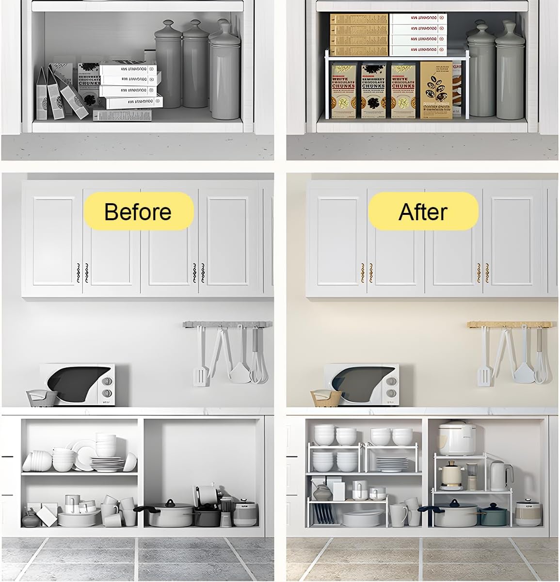 2 Pack Stackable Cabinet Shelf Organizer - Heavy-Duty Coated Metal Storage Rack, Non-Slip Space-Saving for Kitchen Pantry, Under Sink, Cupboard, Countertop (Black)