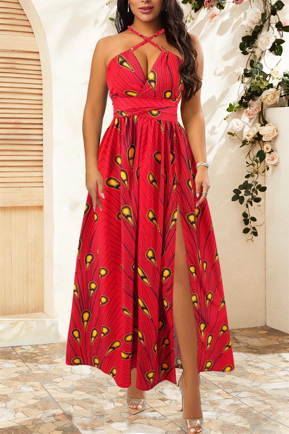 Vimoisa Women Sexy Boho African Long Maxi Dress V-Neck Multi-Way Pleated Floral Print Dresses - Image 2
