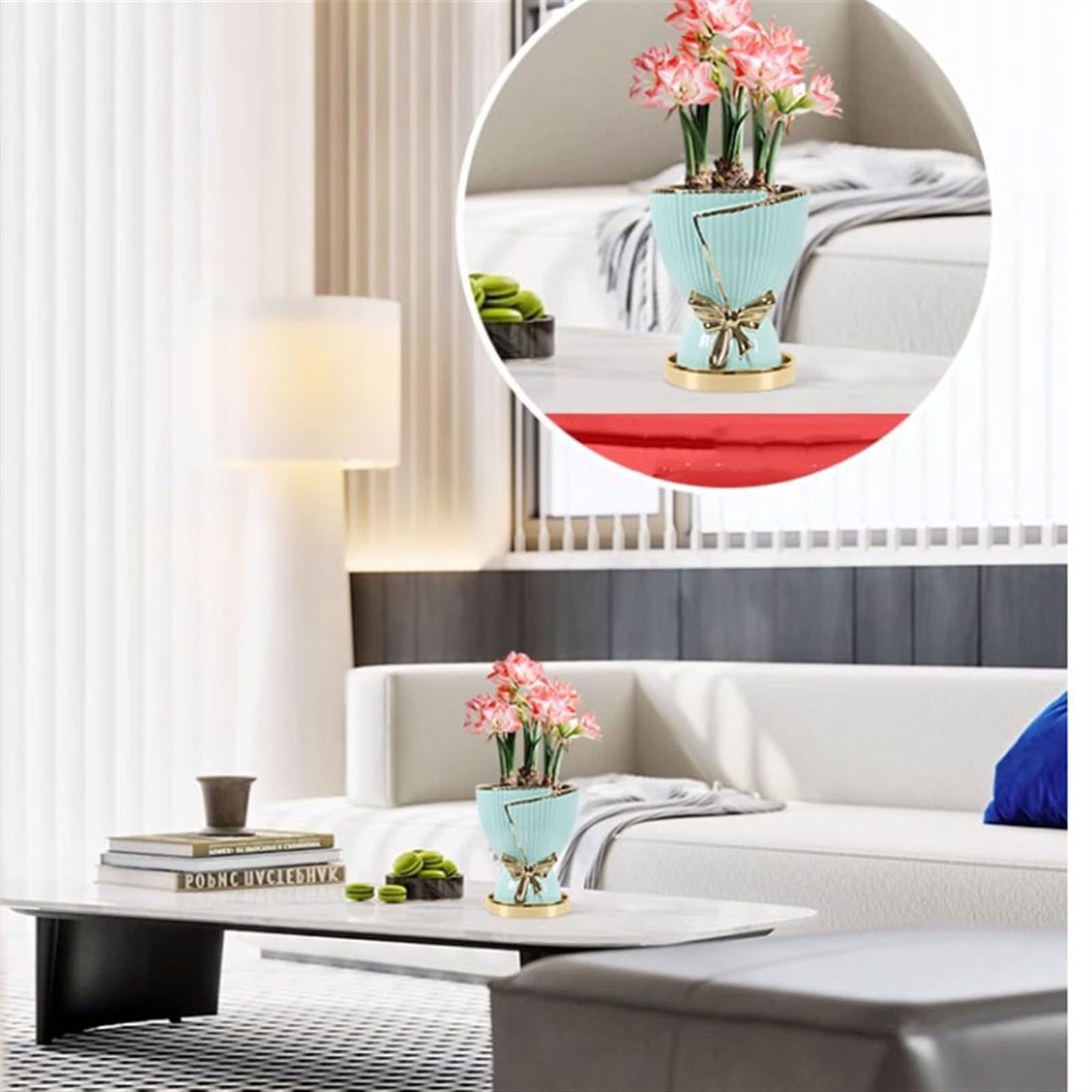 Maceta de cerámica de Lujo con Base, Creativa y Personalizada, para el hogar, Color Verde Oscuro y Blanco.
