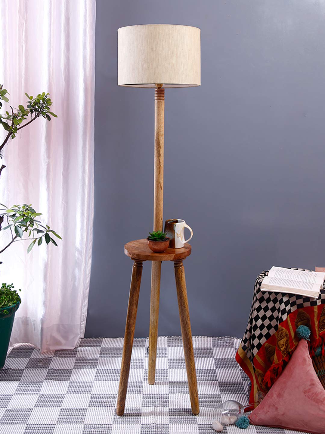 Devansh Off-White Cotton Drum Shade Wood Natural Table Floor lamp-image-12