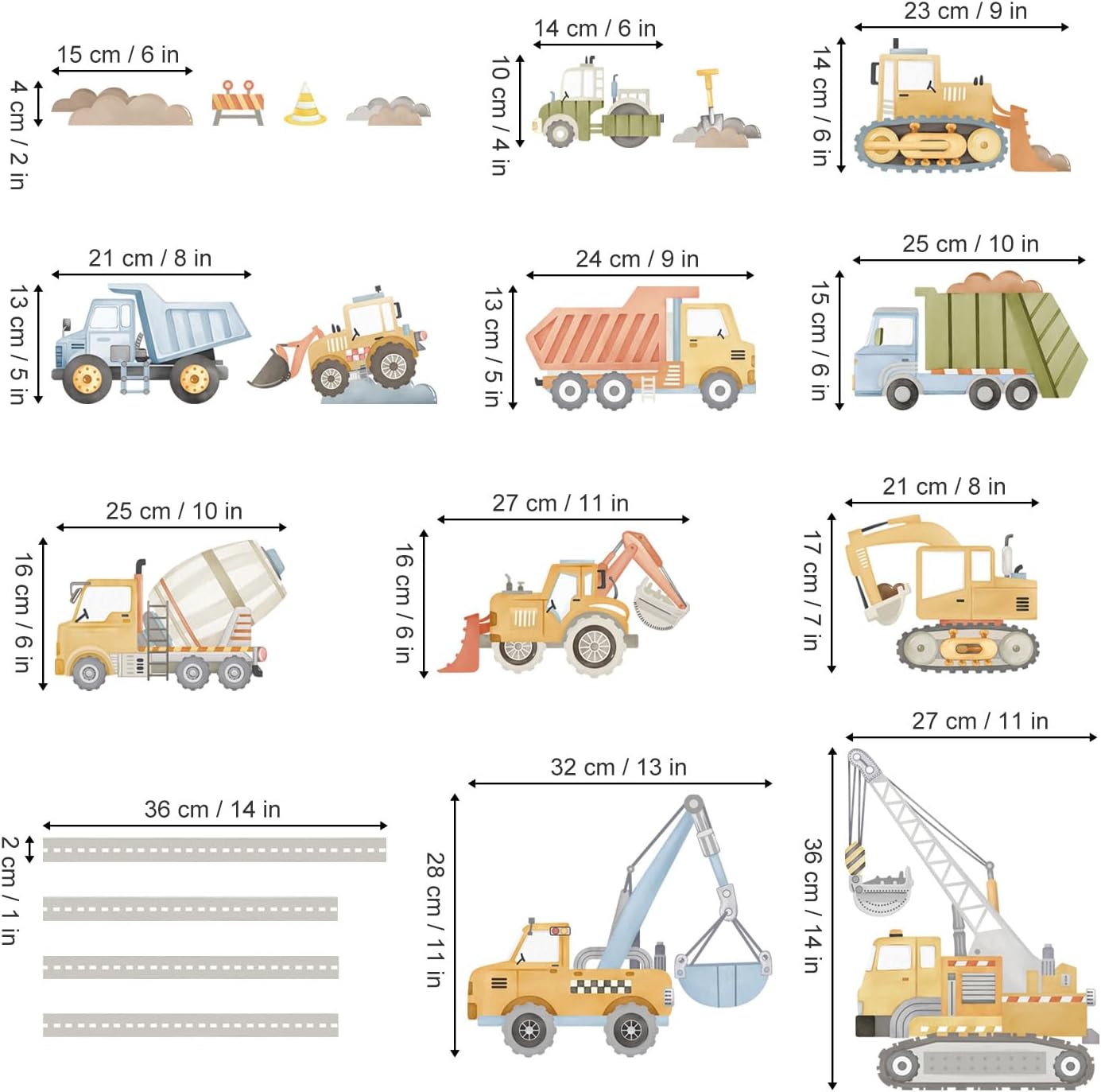 wondever Watercolor Construction Vehicles Wall Stickers Tractor Excavator Crane Peel and Stick Wall Art Decals for Kids Bedroom Boys Room Playroom