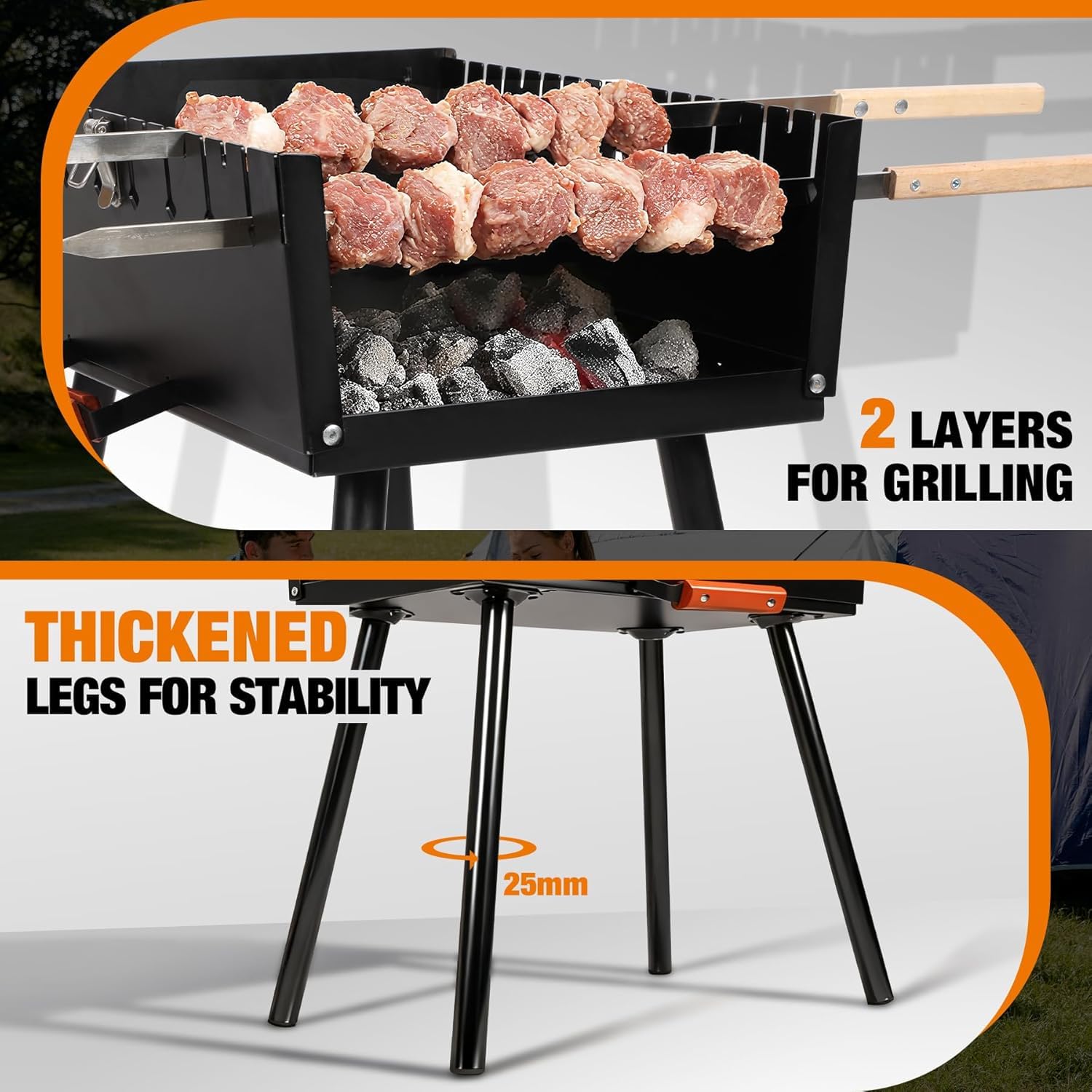 REDCAMP Barbacoa Mangal de carbón vegetal portátil con 2 niveles de altura para 16 pinchos (lentos/afilados), barbacoa plegable al aire libre para camping, jardín, pícnic, viajes