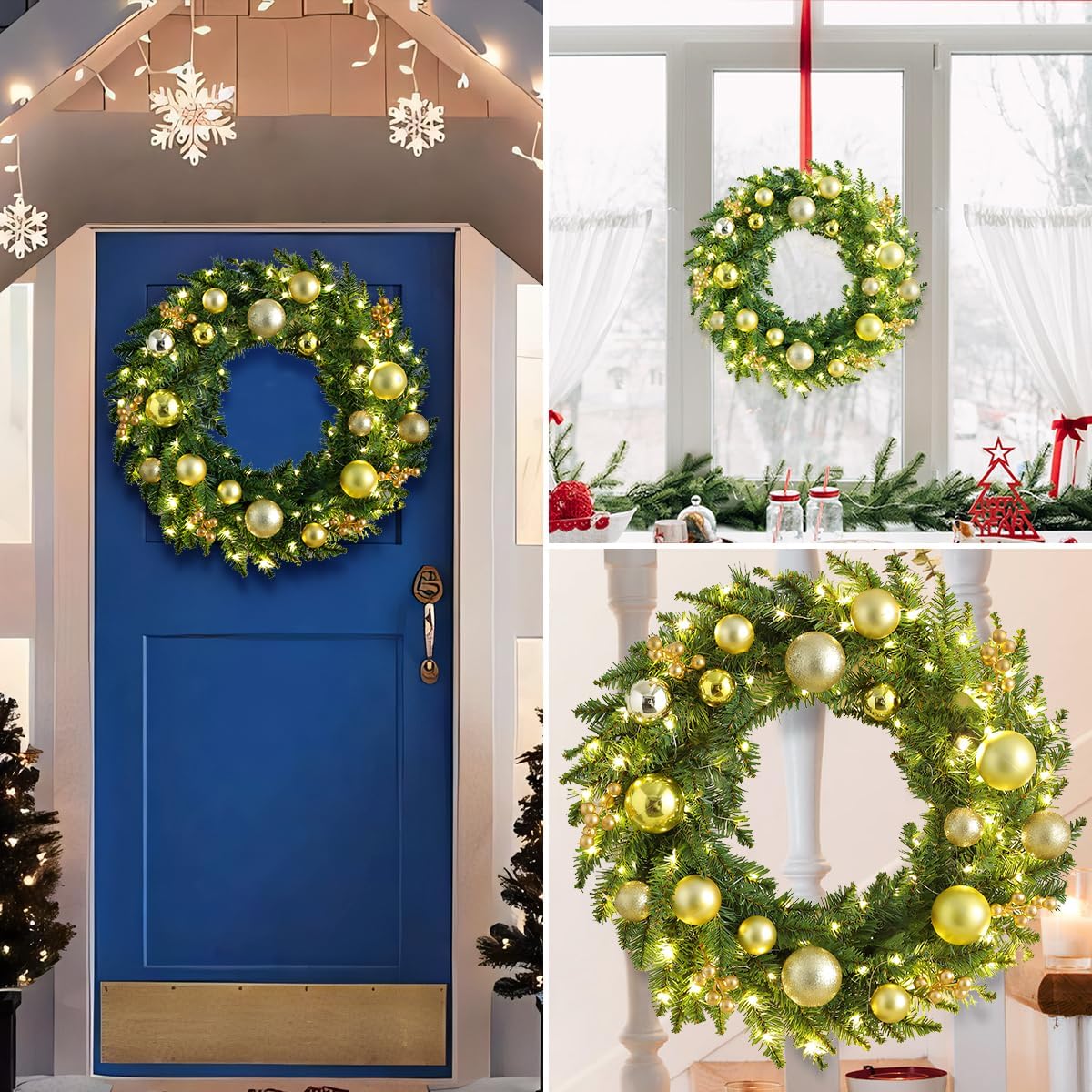 Artificial Lighted Christmas Wreath, 16 Inch Pre-lit Xmas Wreath with Gold Berries & Ball Ornaments, Battery Operated 30 Lights, Christmas Wreaths Decorations for Front Door Wall Fireplace Xmas Party