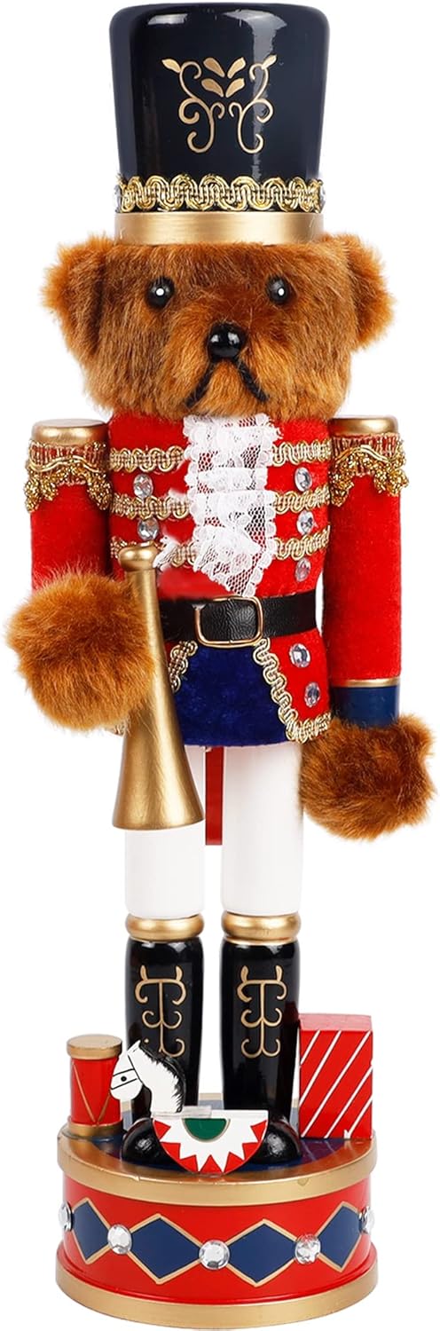 Joliyoou Christmas Nutcracker Figures, 14 Inch Wooden Nutcracker Ornaments, Large Xmas Funny Nutcracker Tabletop Festival Shelves Decorations(Bear Trumpeter)
