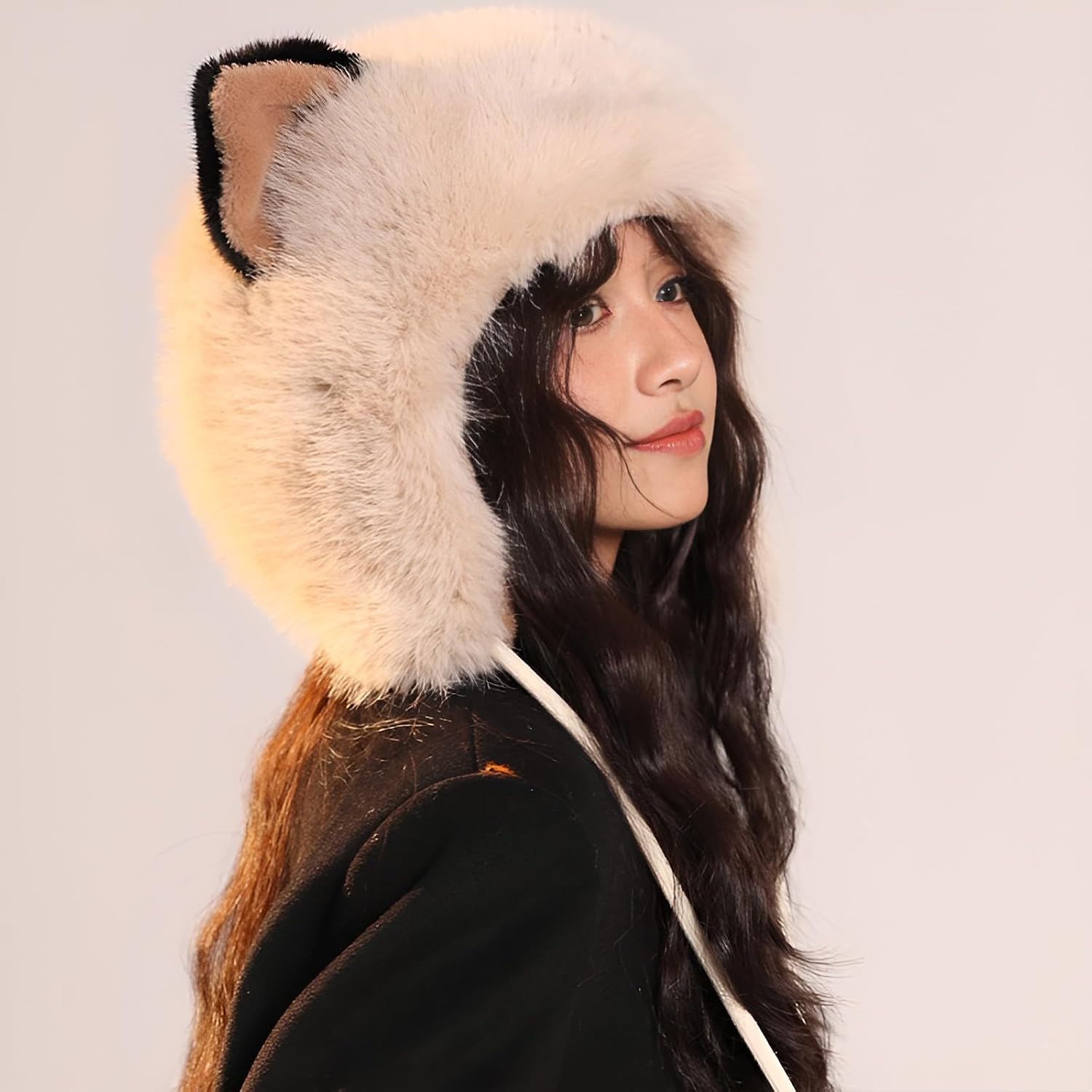 Winter Warm Faux Fur Trapper Hat for Women Cute Furry Cat Ear Hats Thick Plush Cozy Animal Hat with Pom Pom & Ear Cover