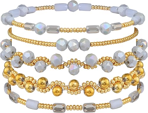 Pymach Dainty Gold Plated Pearl Crystal Beaded Bracelets Set for Women 14K Gold 