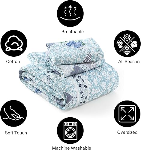 Miniatura 5 de PANGUSHAN Juego de edredón de 100 % algodón, tamaño Queen, juego de ropa de cama Queen, edredón reversible floral de granja, edredón ligero para