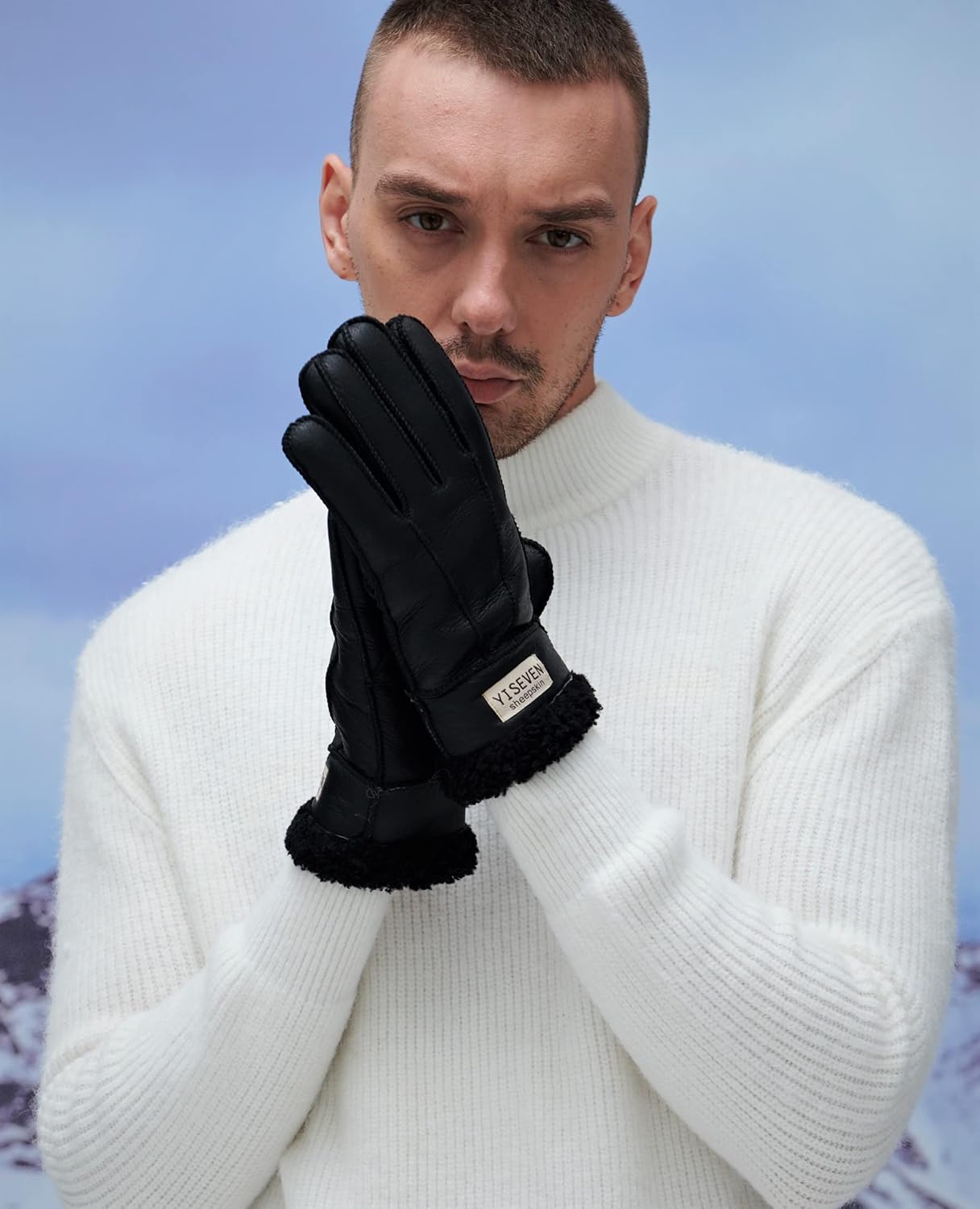 YISEVEN Men's Winter Shearling Sheepskin Gloves with Logo - Image 5
