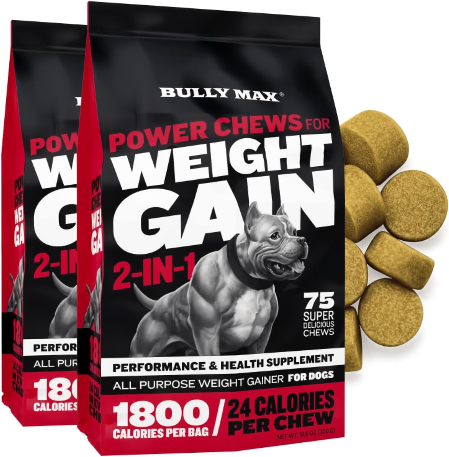 Weight Gainer Dog Chews for Puppies and Adult Dogs - High Calorie Dog Food Treats Performance Supplement for Healthy Weight Gain, Immunity & Digestion - 75 Soft Chews for All Breeds, 2 Packs
