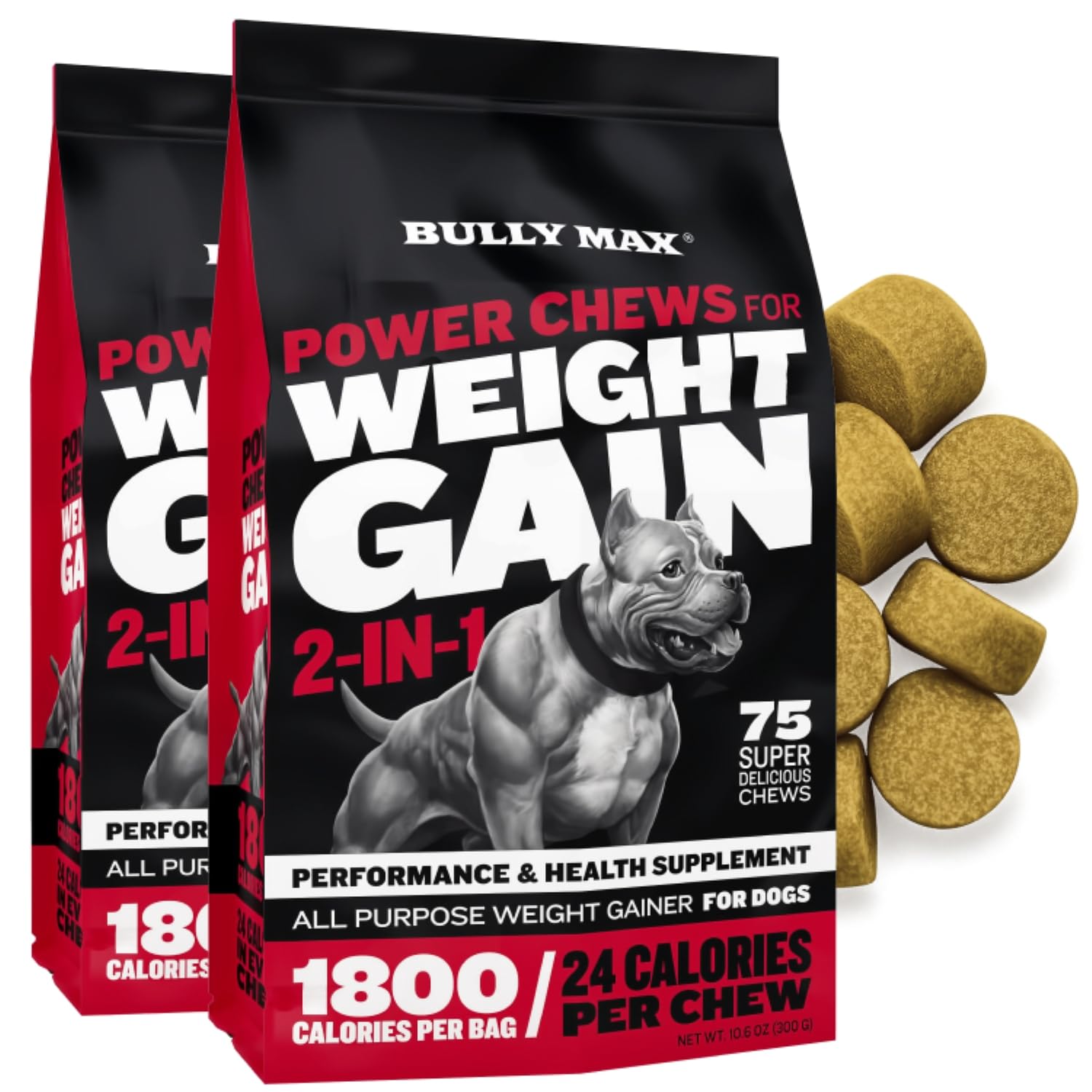 Bully Max Weight Gainer Dog Chews for Puppies and Adult Dogs - High Calorie Dog Food Treats Performance Supplement for Healthy Weight Gain, Immunity & Digestion - 75 Soft Chews for All Breeds, 2 Packs