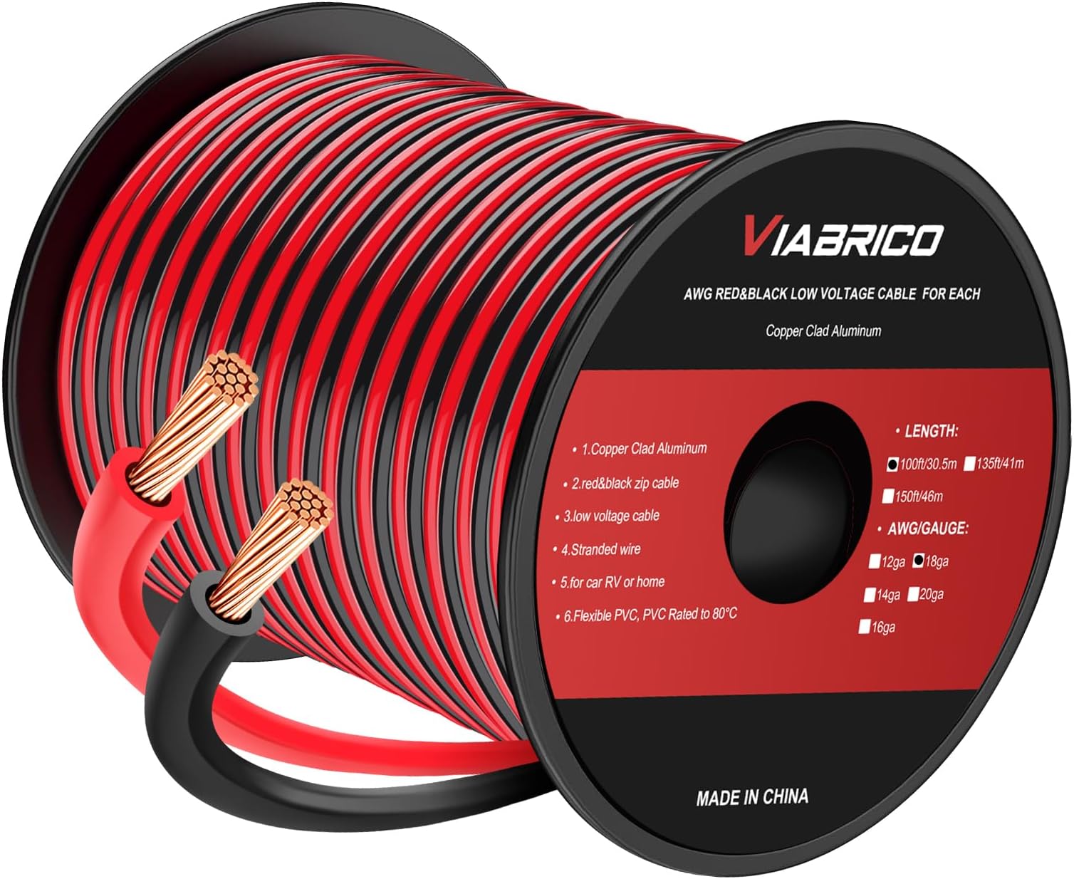 VIABRICO 18AWG 100FT Electrical Wire Cable 2 Conductors Red Black Cable Hookup LED Lighting Strips Flexible Wire Extension Cord 18 Gauge Copper Clad Aluminum Copper Wire 12V/24V DC Cable
