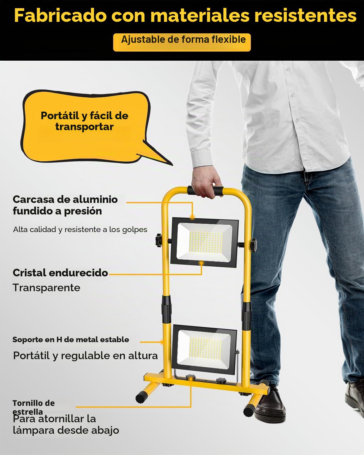 Foco de Trabajo LED 200W, 20000LM Foco de Luz Portatil con Soporte Telescópico, Foco Obra IP66 Impermeable con Cable de 9,8 Pies y Interruptor para Talleres, Garajes, Obras, 6500K Luz Blanca
