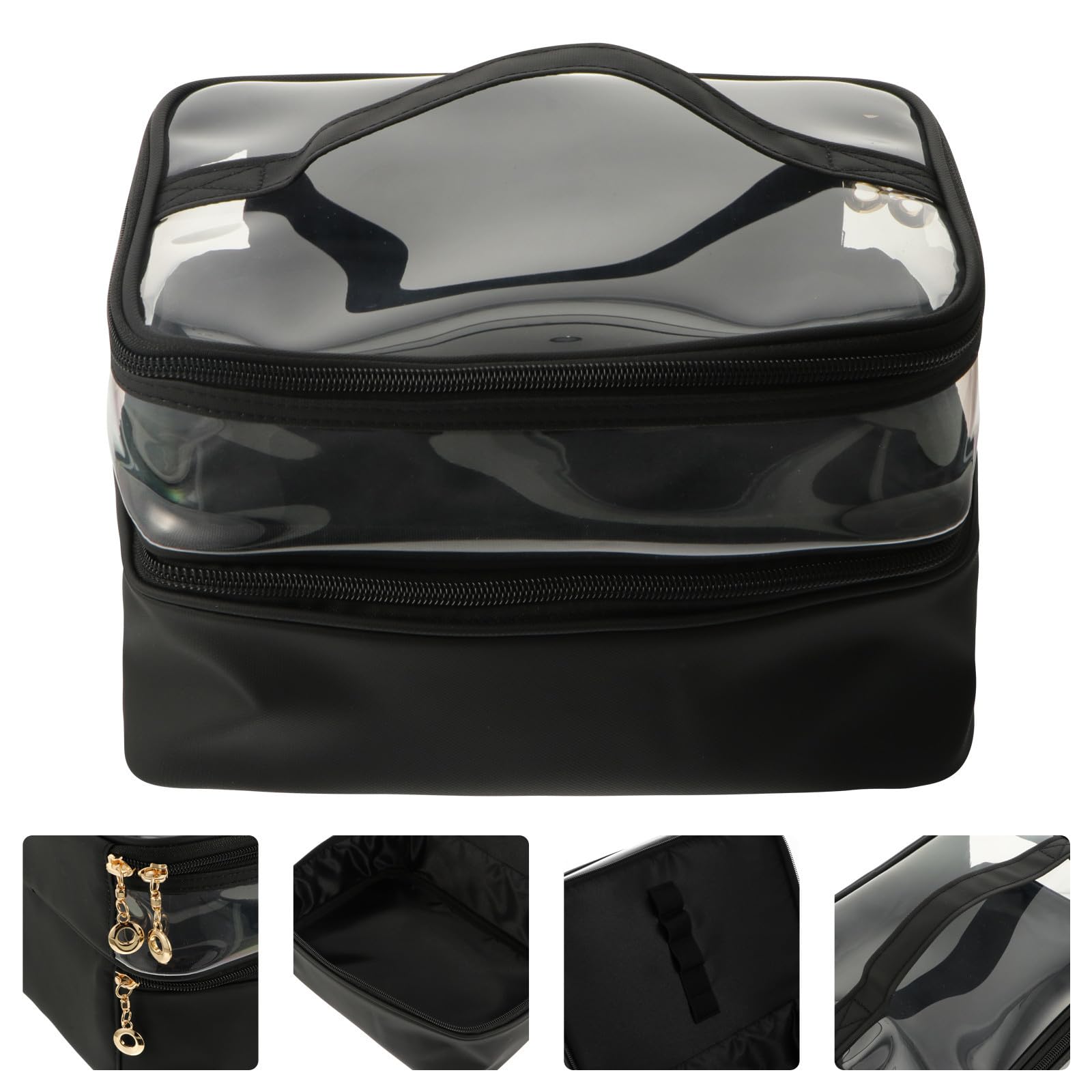 Lurrose Borsa Cosmetica Borsa da Toilette da Viaggio Doppio Strato in Pu e Plastica, Grande Capacità, Nera, per Viaggi di Lavoro e Uso Familiare