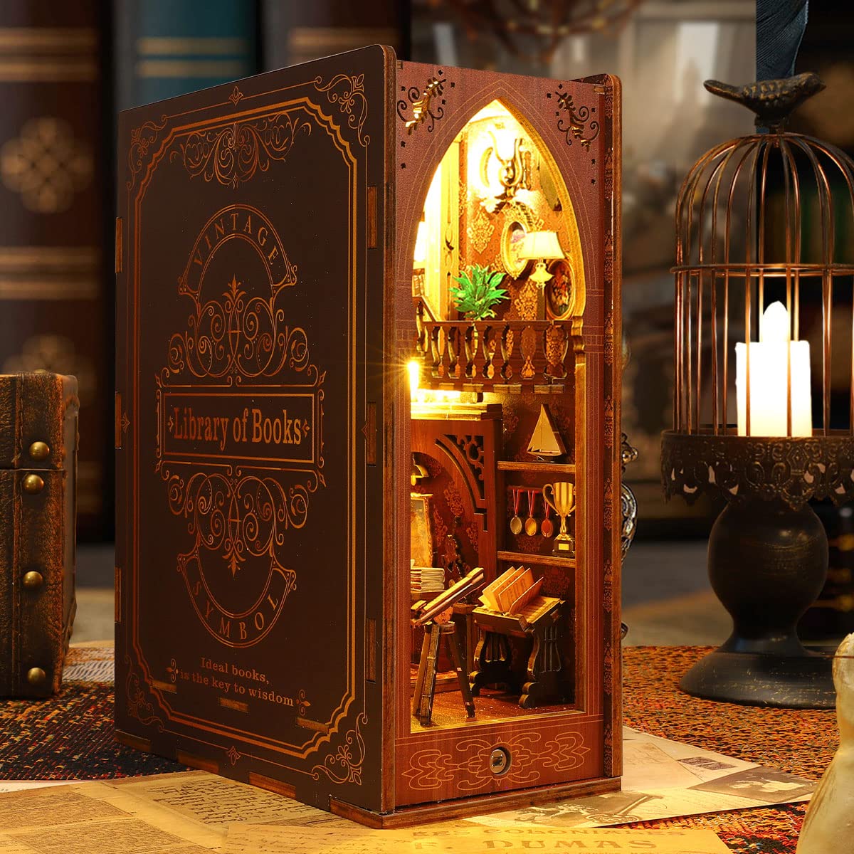 Kit angolo libro fai-da-te - Coinvolgente puzzle in legno 3D Fermalibri Set di modellismo per adulti e ragazzi, inserto scaffale libreria in miniatura con luci a LED, regalo per gli amanti dei libri