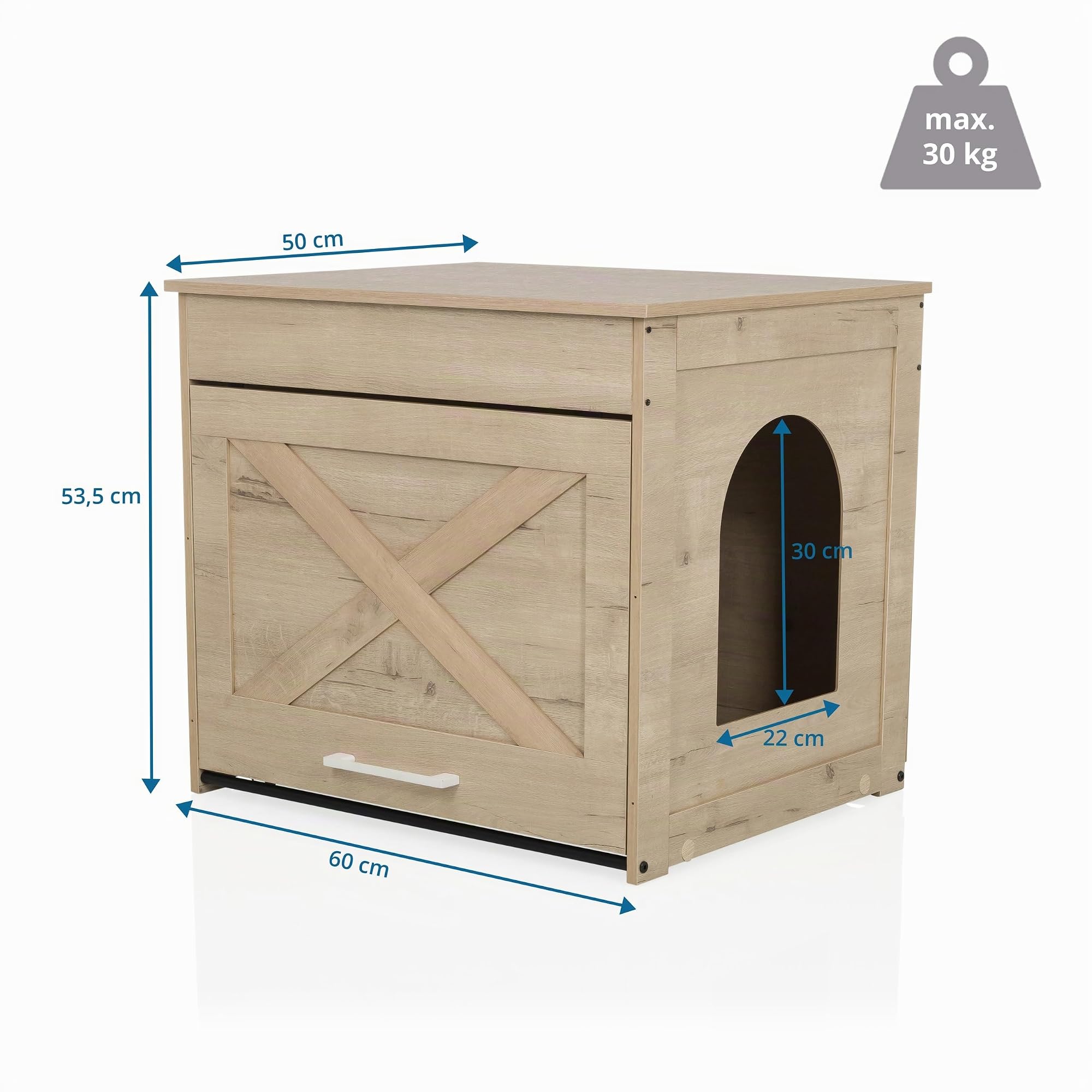 Maison pour chat pour la maison, 60x50x53,2 cm Kitty PAWBOX 1 Armoire pour litière et lit pour chat, niche pour chat jusqu'à 30 kg, Chêne