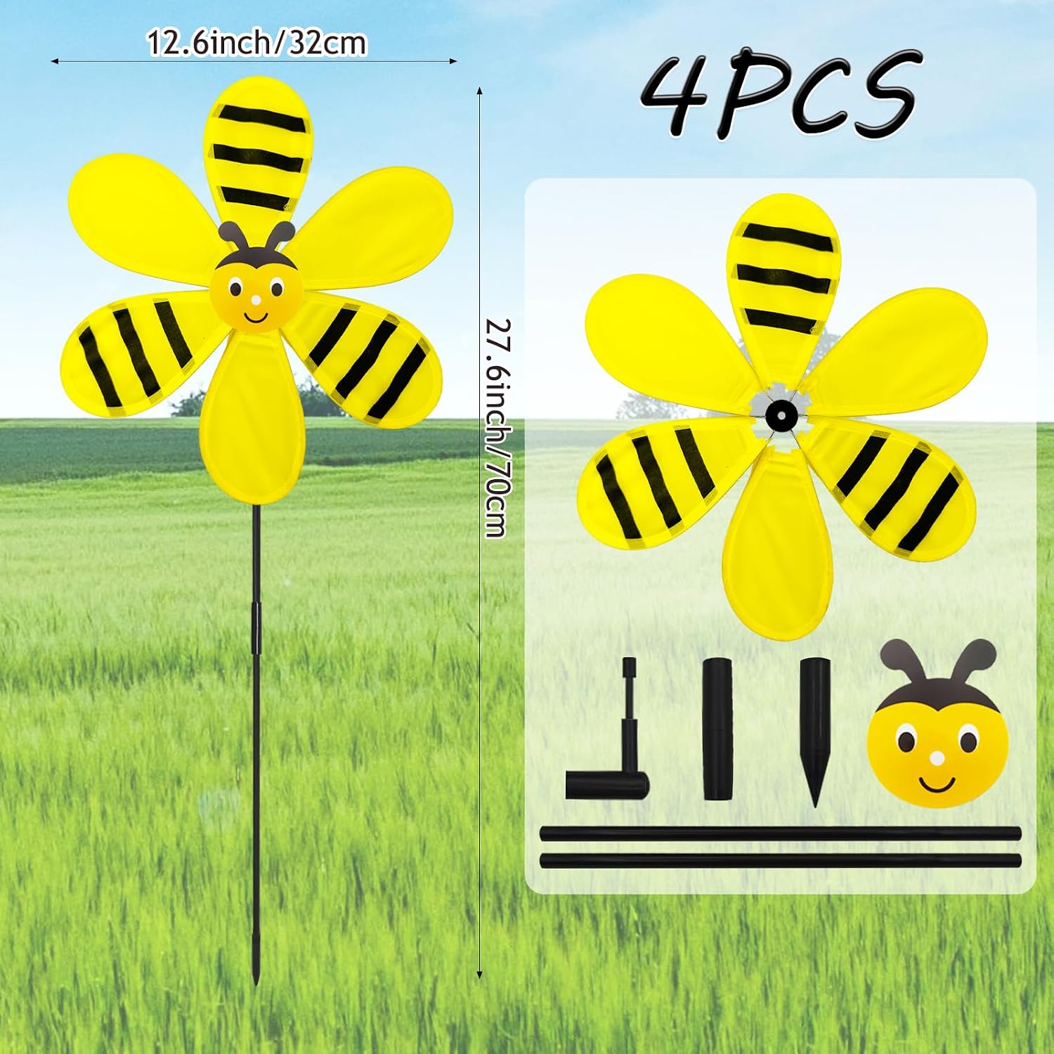 4PCS Colorful Outdoor Wind Spinners, 12.6inch Garden Windmill Spinner, Ladybug and Bee Pattern Whirligigs Wind Spinner, DIY Pinwheel Craft Lawn Courtyard Outdoor Decoration