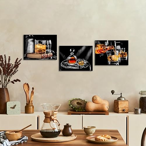 Miniatura 3 de iKNOW FOTO Juego de 3 lienzos de pared con diseño de whisky blanco y negro de 12 x 16 pulgadas, enmarcados, para decoración de pared de bar, sala de