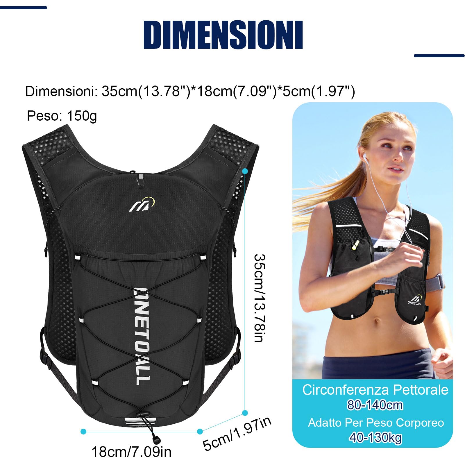 Zaino Trail Running, Gilet Running Uomo Donna, Running Vest con Soft Flask 500ml o Sacca Idrica 2L, Gilet Corsa per Idratazione Ultraleggero Riflettente per Corsa MTB Bici Moto Trekking