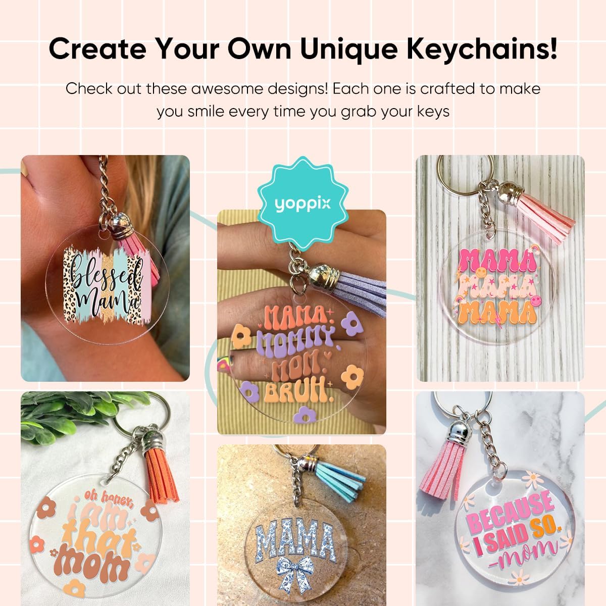 YOPPIX 140 PCS Acrylic Keychain Blank Set, Mama Double-Sided UV DTF Stickers Acrylic Keychain Making Kits for Vinyl DIY Craft Project
