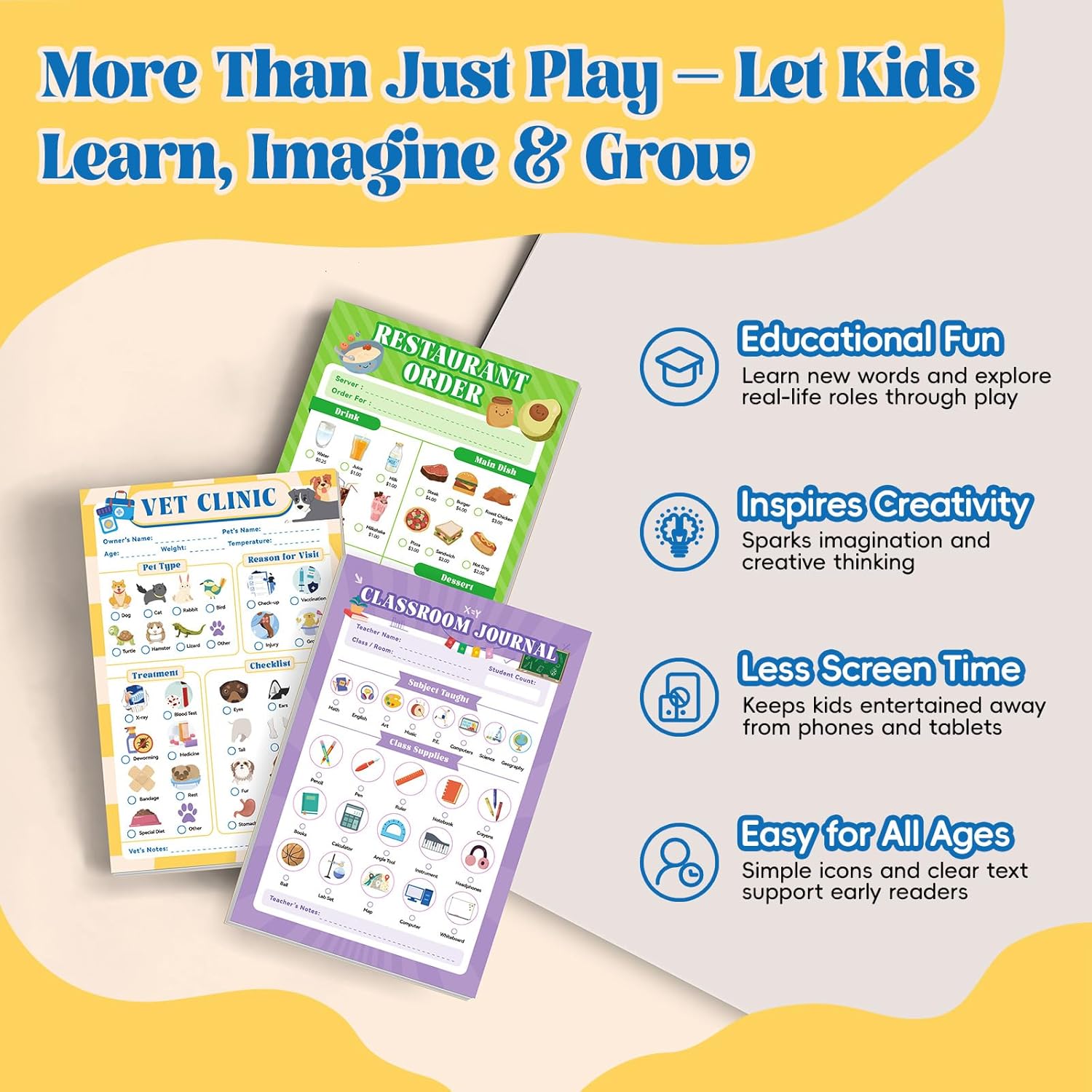 10 Pack Kids Pretend Play Notepads, 40 Pages Kids Playtime Pads, 4'' x 6'' All Roles Imaginative Role Play Activity Set, Educational Toys for Toddlers