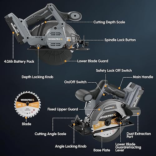 Miniatura 7 de WORKPROX 20V Cordless Circular Saw, 5500 RPM Mini Circular Saw with 6-1/2'' Saw Blade & Storage Bag, Max Cutting Depth 2-5/16"(90°),1-9/16" (45°)