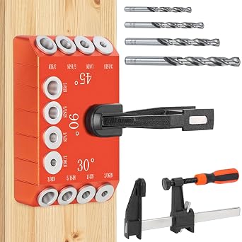 Aluminum Drill Guide Jig 30 45 90 Degree Angle 4 Sizes with 6" F Clamp for Angled and Straight Holes, Portable Durable Cable Railing Drilling Template Block for Deck Stair Handrail DG12