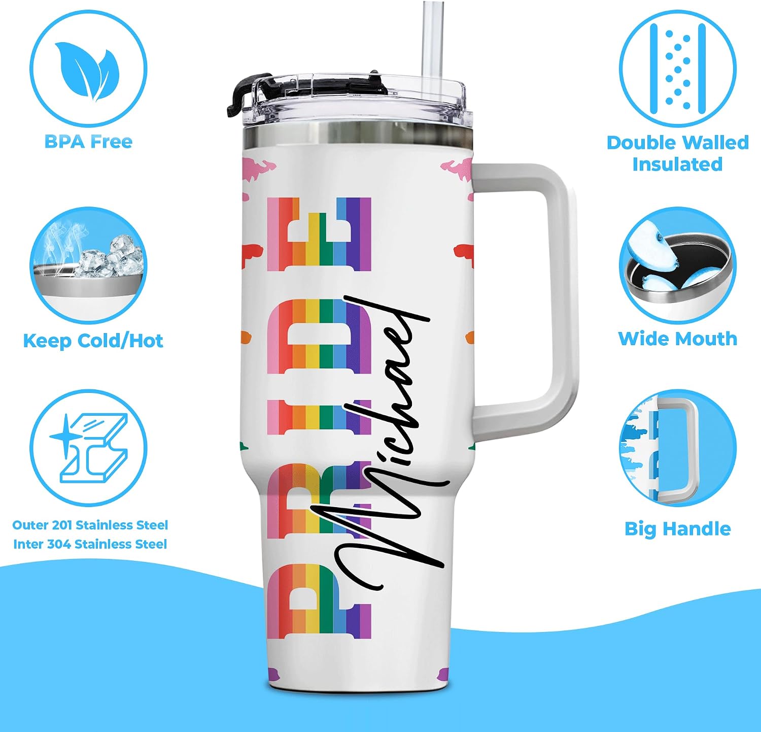 Hyturtle Personalized LGBT 40oz Tumbler with Handle and Straw, Rainbow Pride Flag Gifts For Gay Lesbian Bisexual Transgender Queer on Birthday Pride Month Custom Stainless Steel Travel Cup With Lid