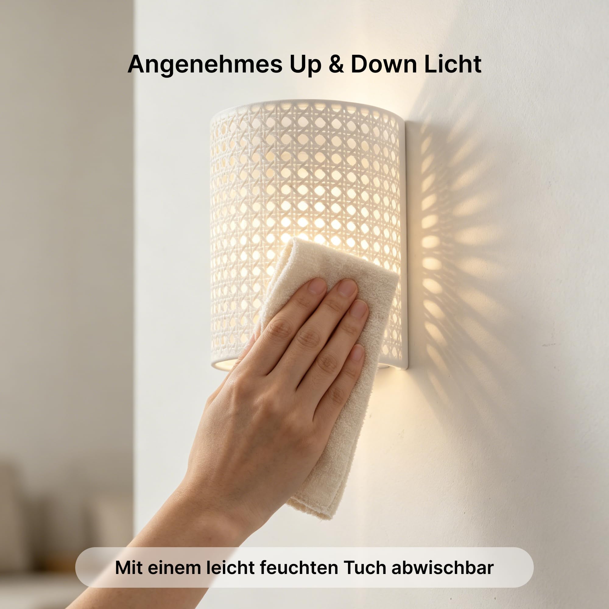 Wandleuchte Innen Vintage Weiß–Rattan Optik mit Wabenmuster | 2er Set Handgewebte Wandlampe, E27 Wandleuchten für Wohnzimmer Flur Schlafzimmer,20x16,5x12cm–Up&Down Licht–ohne Leuchtmittel