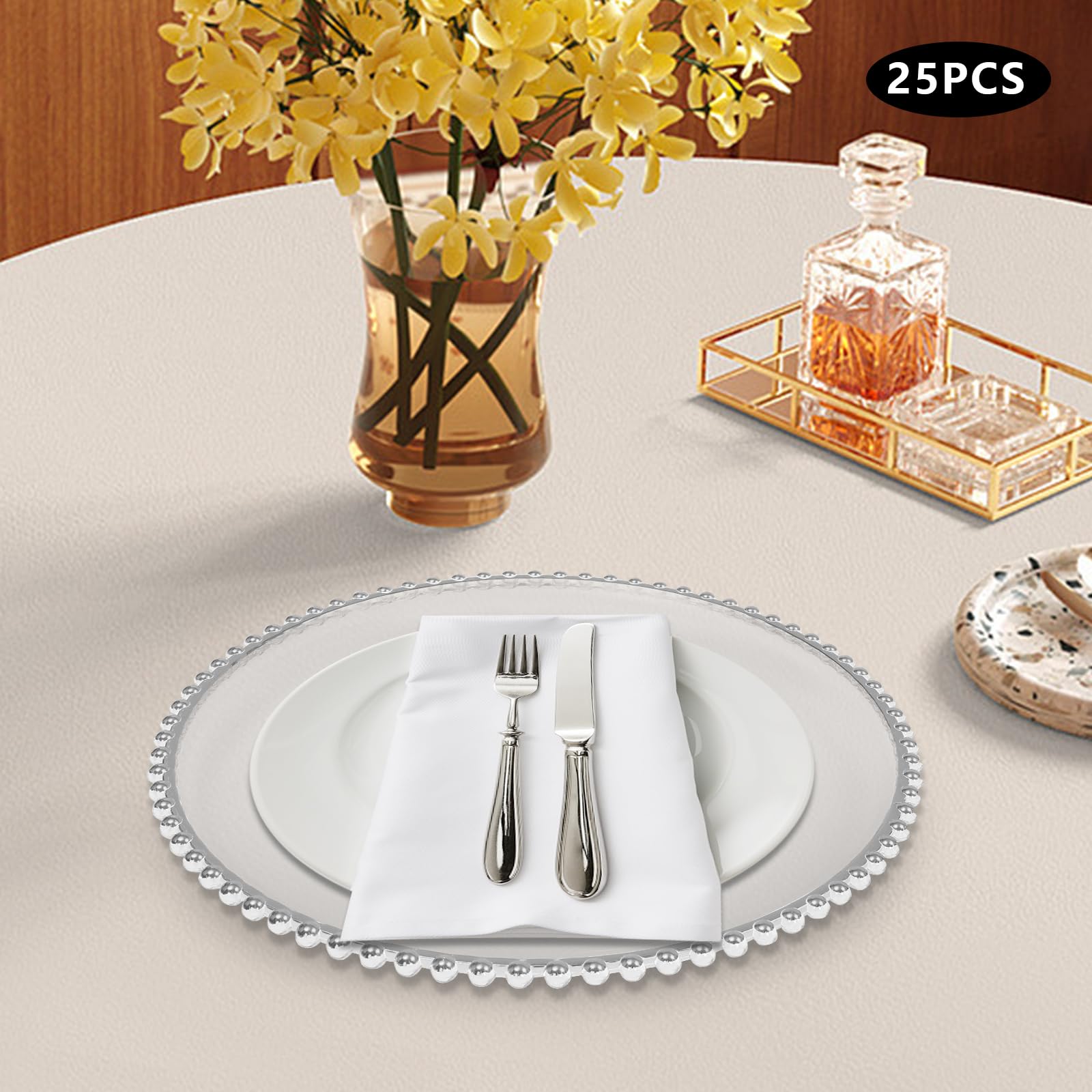 Unndysrt 25 Pcs Clear Charger Plates with Beaded Rim - Elegant 12.6 Inch Round Plastic Dinner Plates for Weddings, Parties, and Home Decor - Stylish Table Chargers Set (Silver)