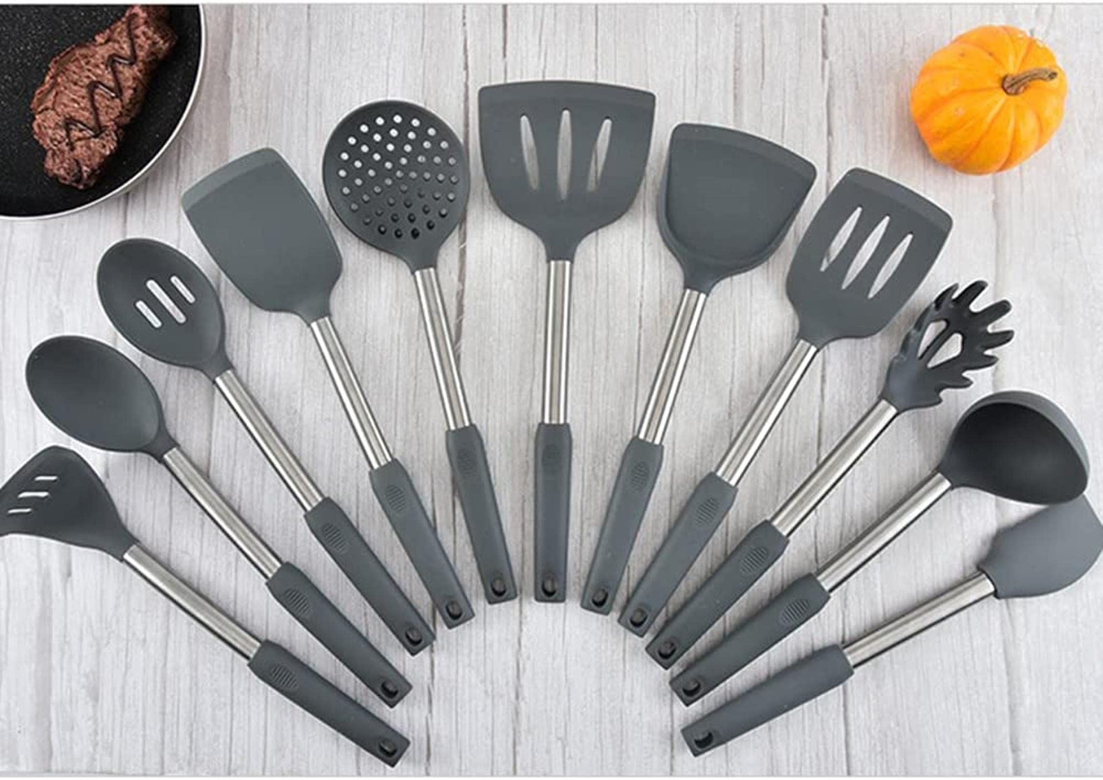 El Mejor Juego de Utensilios de Cocina de Silicona con Mango de Acero Inoxidable, espátula, Cuchara para Sopa, Cepillo, Cuchara, colador de Pasta, Utensilios de Cocina antiadherentes