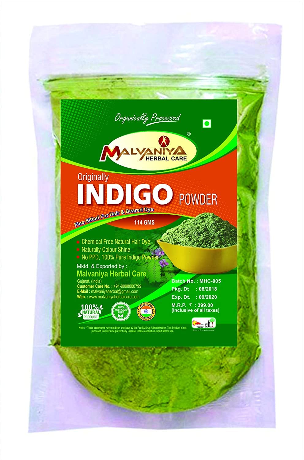 Malvaniya Herbal Care Indigo Powder for Hair & Beard Dye - Black 114 Grams