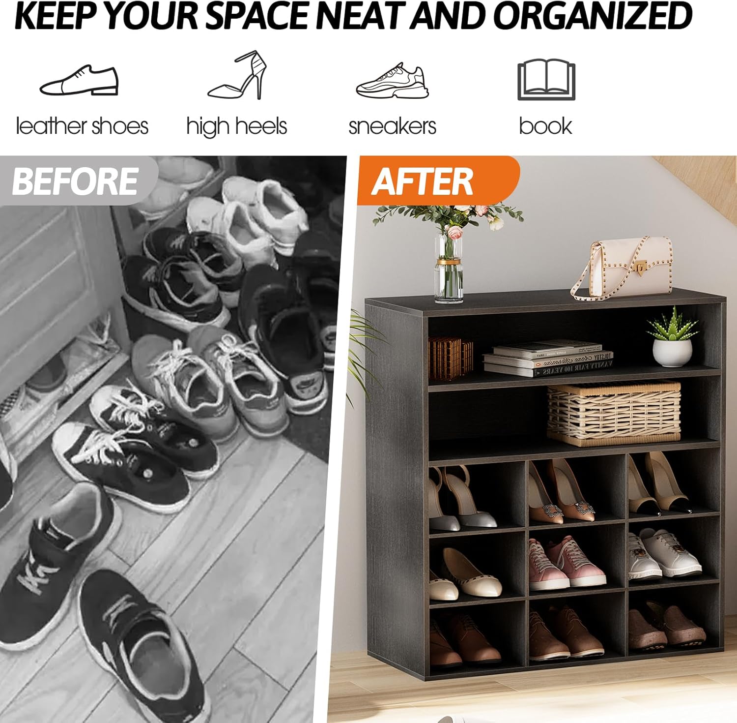 Garden 4 you Shoe Rack Organizer, 5-Tier Wood Cubby Shoe Rack with 2 Storage Shelf and 9 Cubbies, Shoe Organizer Cabinet for Entryway, Hallway, Closet and Garage,Black