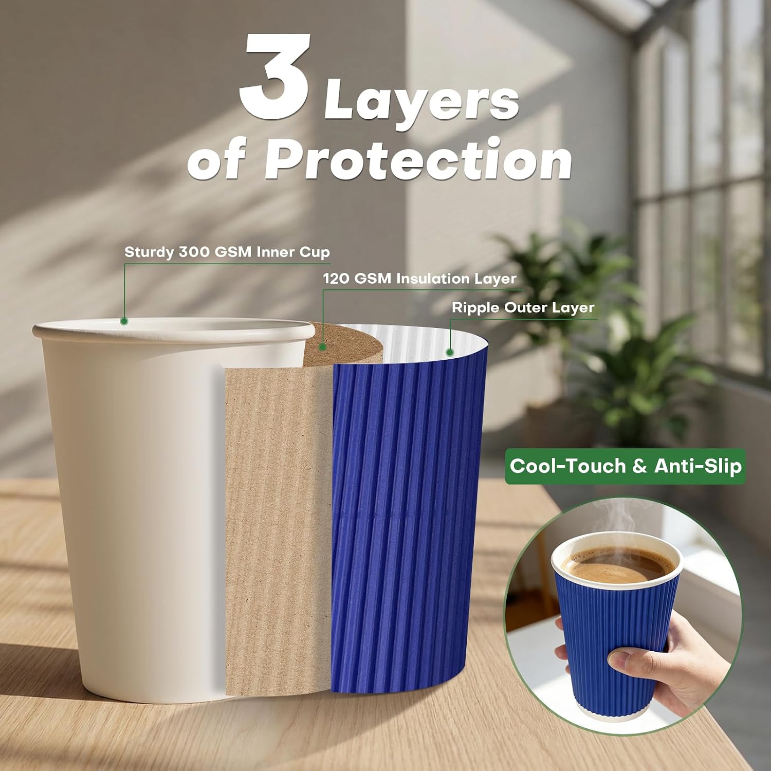 12oz Compostable Coffee Cups 120 Pack, BPI-Certified Dispoable Paper Cups, Corrugated Ripple Wall Paper Cups for Hot & Cold Beverages, Home Office Travel, Blue image 3