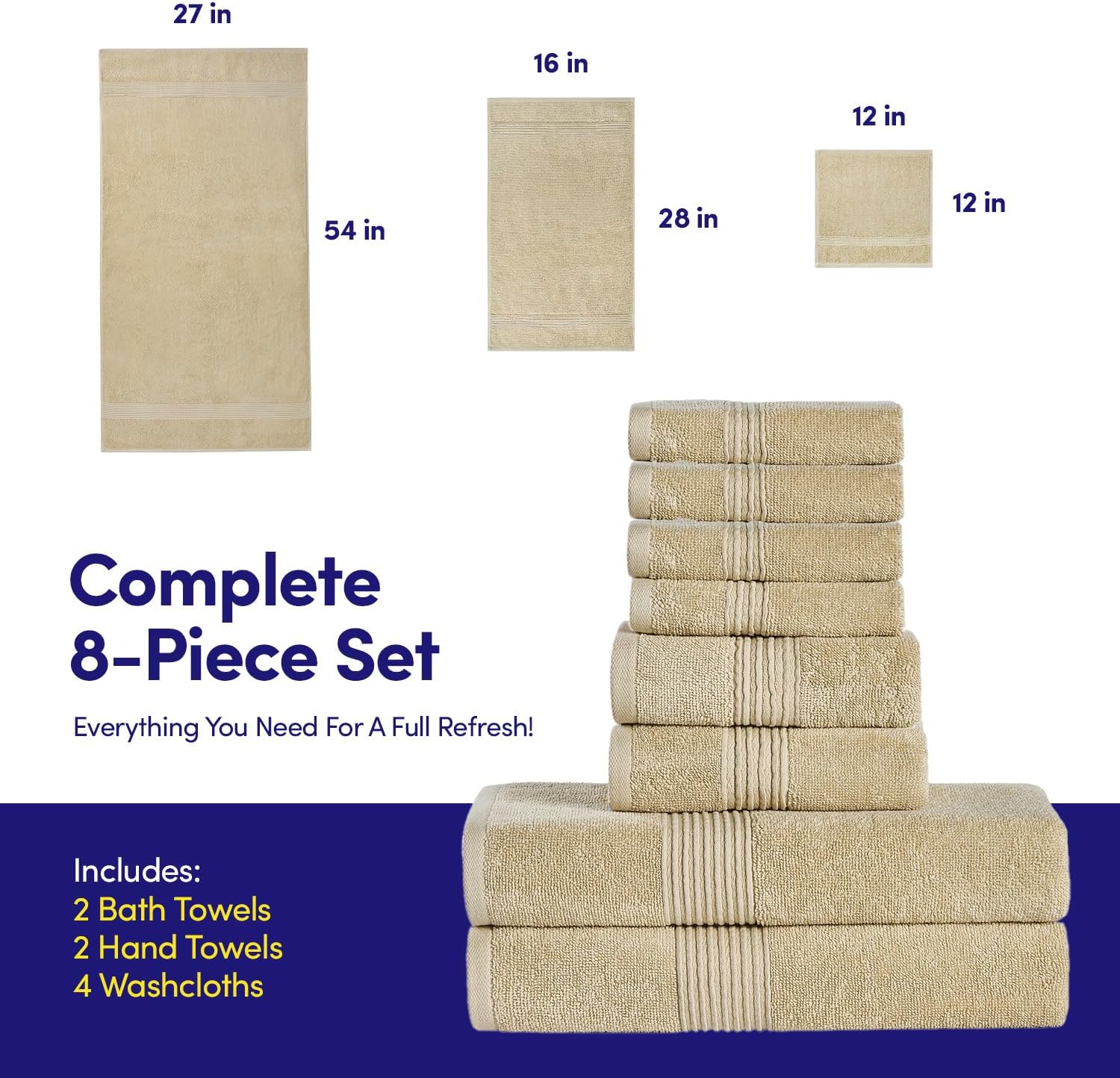 Bath Towels 8 Piece Towel Set – 100% Combed Cotton – Bath + Hand + Washcloths – Oeko-TEX Certified Soft & Absorbent Towels with Durable Double-Stitched Edges for Bathroom or Guest Spa, Beige