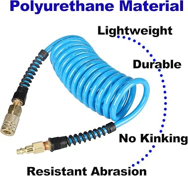Polyurethane Recoil Air Hose, 1/4 Inch ID By 10 Feet Long Air Compressor Hose with Repairable Solid Brass 1/4 Industrial Quick Coupler and Plug, 145 PSI Maximum Pressure, Blue