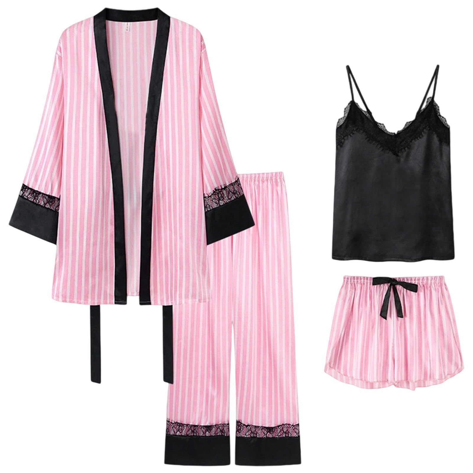 Genérico Pijama Mujer 4 Piezas Conjunto Ropa Casa Mujer Rayas Estilo Ins Camiseta Pantalón Bata Ropa Dormir Suave para Hogar