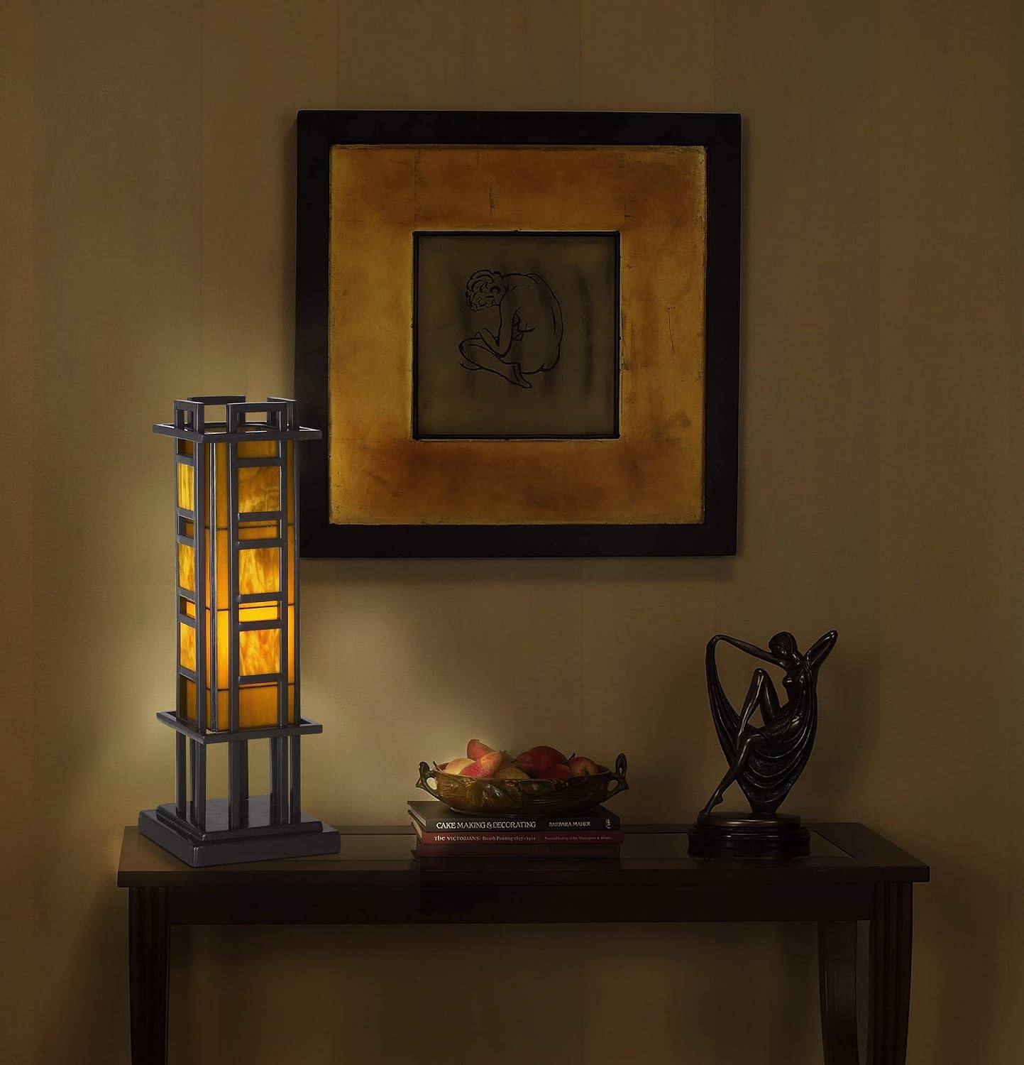 🔥 Prairie Style Mission Rustic Pillar Accent Table Lamp Bronze Iron Column Hand-Cut Amber Stained Art Glass for Living Room Bedroom House Bedside Nightstand Home Office Family - Robert Louis Tiffany